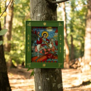 Icoană pe sticlă – Sfântul Gheorghe omorând balaurul